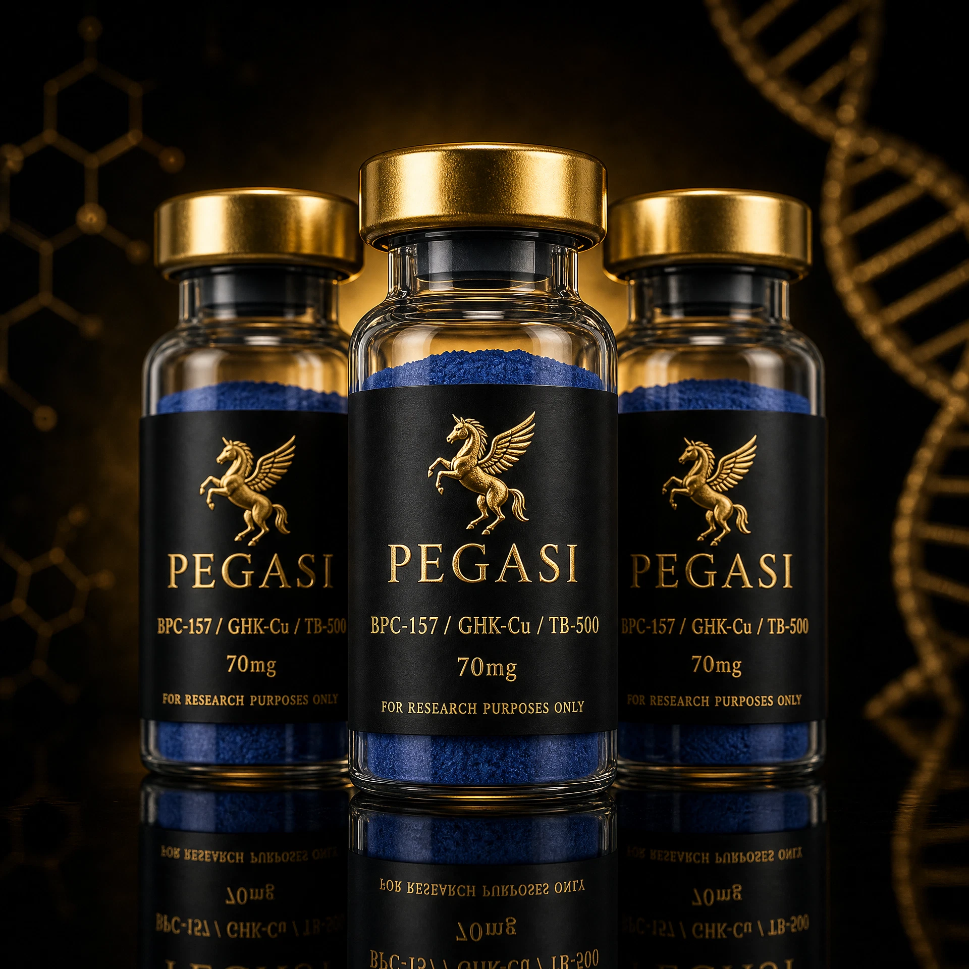 BPC-157 / GHK-Cu / TB-500 Research Blend 70mg — For Research Purposes Only. Not for human consumption.